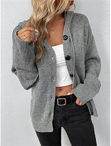  Dames Trui Vest Casual Zacht Heldere kleur Geribd Capuchon Knop Gebreid Lange mouw Normale tops breien Buiten Dagelijks Weekend Zwart Wit Herfst Winter