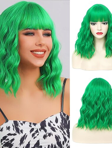  Bob-Perücken für Frauen, kurze, lockige, gewellte Perücke mit Pony, schulterlange, kurze Bob-Perücke für Frauen und Mädchen, synthetische Perücke, Cosplay-Weihnachtsparty-Perücken, St. Patrick's