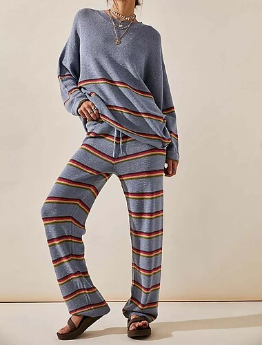  Femme Pull Chandail Pulls coordonnés Vêtement de rue Décontractées Rayé Col Ras du Cou Tricoté manche longue Hauts réguliers Tricoter Travail Bleu Vert Automne Hiver