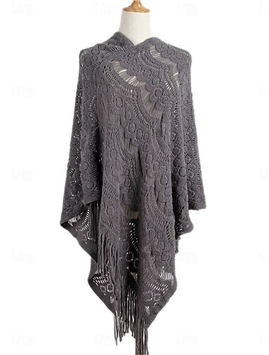  Damen Schultertuch Brautkleider schlicht Weich Einfarbig Gehäkelt V Ausschnitt Ausgehöhlt Quaste Strick Langarm Normale Oberteile Stricken Outdoor Täglich Wochenende Weiß Khaki Herbst Winter