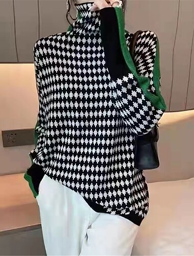  Mujer Pulóveres Suéter de punto Casual Suave Plaid Estriado Cuello Alto De Punto Manga Larga Tops regulares Tejer Exterior Diario Fin de semana Naranja Verde Trébol Otoño Invierno