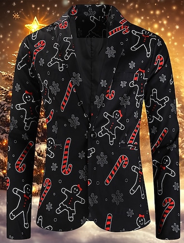  menns julepepperkaker mann blazer jakke trykk blazer lang standard passform enkeltspent enknapps svart 2024