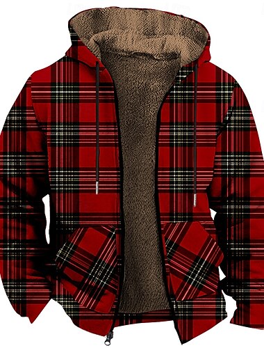 Hombre Plaid Vellón Sudadera Sudaderas Sudadera Manga Larga Sudadera con capucha Con Capucha Diario Impresión 3D Vacaciones Ropa de calle Rojo Correa Otoño Invierno Diseñador