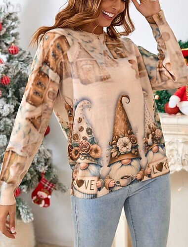  damski ładny sweter brzydki świąteczny sweter okrągły dekolt dzianinowy dzianinowy jesień zima boże narodzenie nowy rok wyjście ładny streetwear swobodny długi rękaw graficzny nadruk khaki