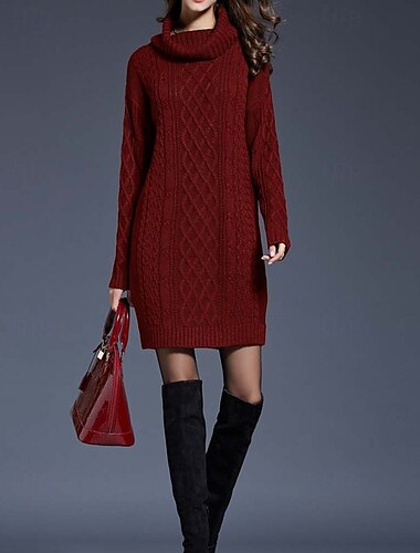  Damen Pullover Kleid Brautkleider schlicht Weich Einfarbig Gedrehtes Rollkragen Strick Langarm Lange Oberteile Stricken Outdoor Täglich Wochenende Weiß Wein Herbst Winter