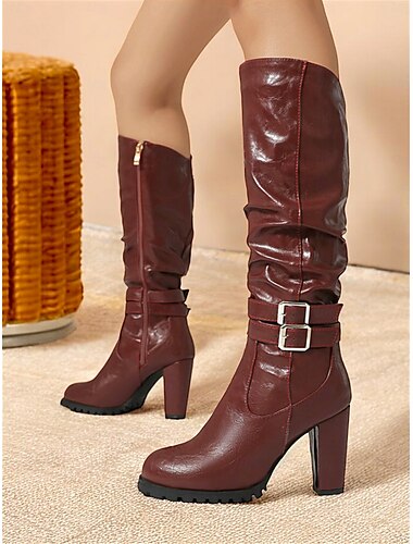  bottes hautes bordeaux à talons hauts pour femmes avec brides à boucle – chaussures chics et élégantes pour l'hiver et les occasions festives