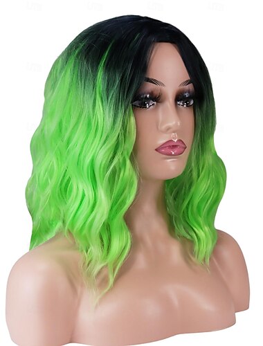  Peluca corta, ondulada y rizada de color verde degradado de 14", peluca sintética resistente al calor de color verde neón lima para cosplay, peluca con raya al medio hasta los hombros para la fiesta