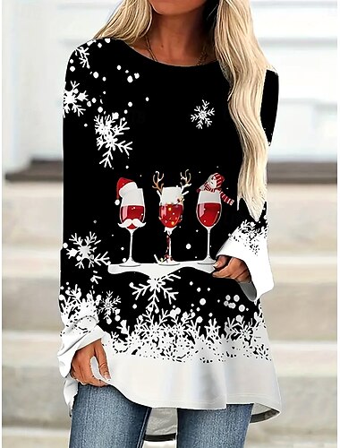  Damen-Urlaubs-Oberteil mit langen Ärmeln, Weihnachts-Rentier-Grafik, bequeme Passform, festliche Winterkleidung, Rundhalsausschnitt, schwarz, weiß, rot, lässige Loungewear, Größen verfügbar