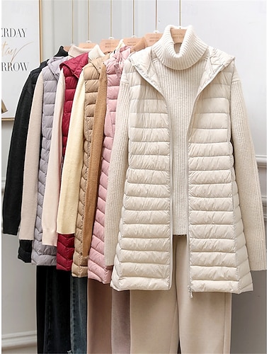  Dámské Puffer Vesta Zahřívací Prodyšné Zip Kapsy Na běžné nošení Bez vzoru Dovolená ulice Denní nošení Jdeme ven Zip Dlouhé Mikina Běžný Bez rukávů Svrchní oděvy Černá Světlá růžová Béžová Podzim Zima