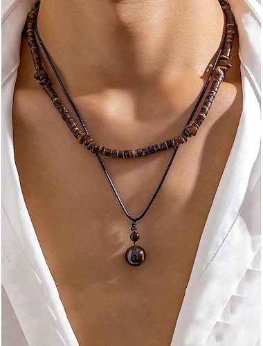  boho-halsband för män med träpärlor och hängsmycke – staminspirerat dubbeltrådigt halsband för casual och strandkläder