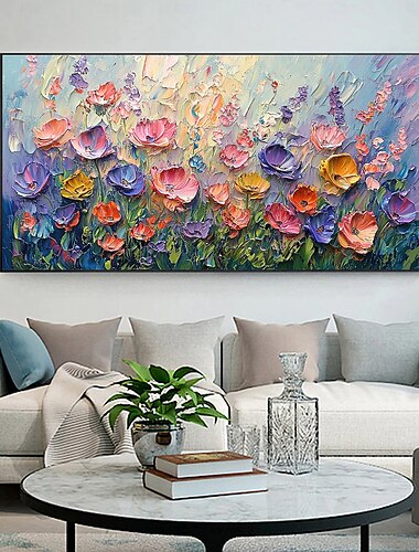  Pictură în ulei florală colorată originală, realizată manual, pe pânză, artă de perete cu flori abstracte pentru decorarea casei cu cadru întins, fără pictură cu cadru interior