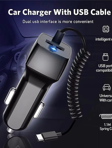  Feder-USB-Autoladegerät mit Micro-USB-Typ-C-Kabel, Schnelllade-Schnellladekabel QC3.0
