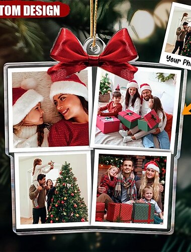  Ornements de Noël photo personnalisés en acrylique 2D boîte cadeau familiale ornements de sapin de Noël avec ruban rouge décoration de Noël cadeaux pendentifs suspendus