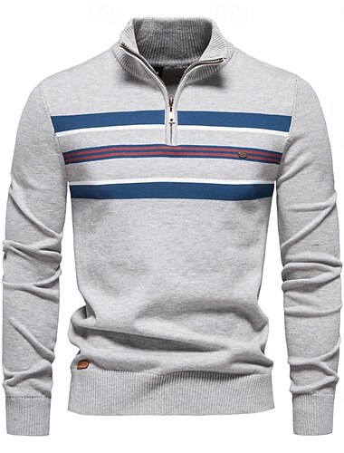  Herren Stricken Gestreift Halber Reißverschluss Strickware Elegant Weihnachtsgeschenke Heim Bekleidung Bischofsärmel Herbst Winter Marineblau Dunkelgrün S M L