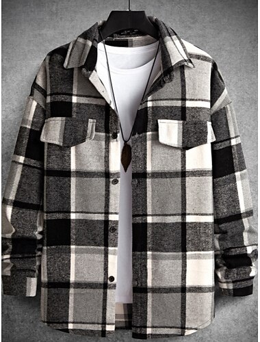  Voor heren Overhemd Flanellen hemd Ruitjes Buiten Straat Zwart Rood Bruin Lange mouw Winter Lente & Herfst Kleding