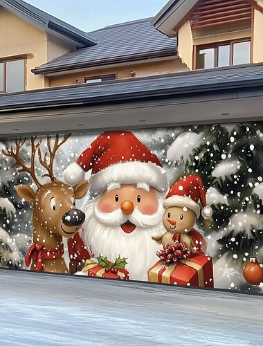  קישוטי דלתות חג המולד כיסוי דלת מוסך סנטה איש שלג חג המולד באנר חיצוני גדול רקע חג המולד לבית חג מתנות קיר מתנות רודולף אייל אדום האף