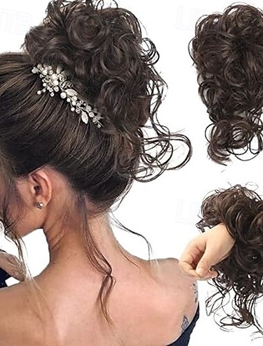  coque bagunçado, coque super longo e desgrenhado, extensões de cabelo, rabo de cavalo ondulado, apliques de cabelo, elásticos para mulheres e meninas