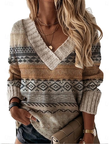  Mujer Pulóveres Suéter de punto Estilo retro Casual Suave Geométrico Estriado Escote en Pico De Punto Manga Larga Tops regulares Tejer Exterior Diario Fin de semana Caqui Otoño Invierno