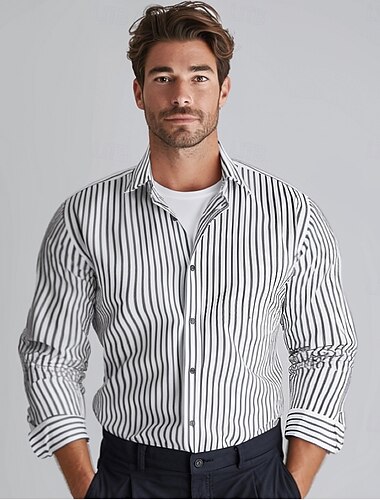  Homme Noir manche longue Rayé Col rabattu École Formel Vêtement Tenue 100% Coton Élégant Actif Vacances ancien