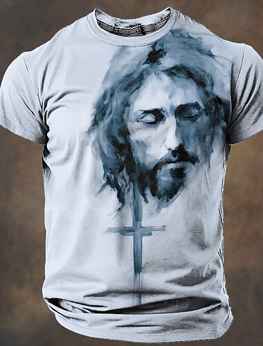  Jul Herre Jesus T skjorte Kortermet T skjorte 3D-utskrift Crew-hals Skjorte Retro / vintage Fritid Gate stil Jul Sport & Utendørs Ferie Lyseblå Lysegrønn Lysebrun Vår sommer Klær S M L XL XXL XXXL