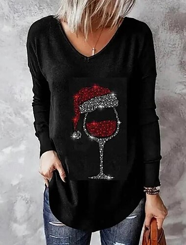  Damen Bluse Langarm V-Ausschnitt Print Weihnachtsmannmütze Weingläser Urlaubs T-Shirt Schwarz Festlich Casual Party Top Bequem