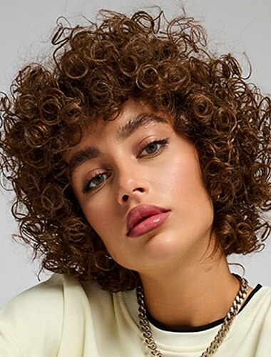  Pelucas brasileñas cortas estilo pixie afro rizadas y rizadas para mujeres, peluca de cabello castaño sin pegamento, peluca bob con flequillo, peluca de cabello humano de 6 pulgadas