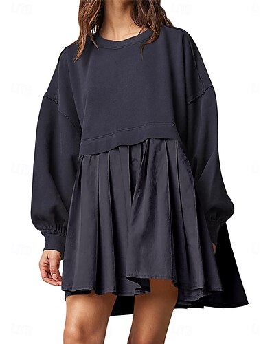  Damen Casual kleid Minikleid Patchwork gefälschtes zweiteiliges Brautkleider schlicht Rundhalsausschnitt Langarm Schwarz Marineblau Khaki Farbe