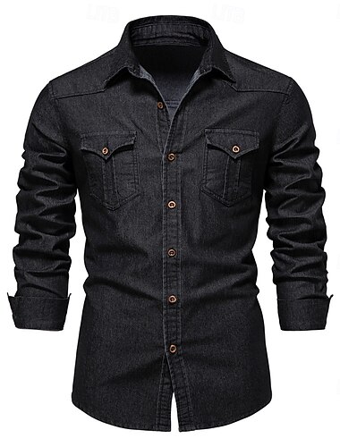  Herren Hemd Freizeithemd Knopfhemd Jeanshemd Einfach Urlaub Täglich Hellblau Schwarz Dunkelmarine Blau Langarm Kragen Winter Frühling & Herbst Bekleidung Fronttasche
