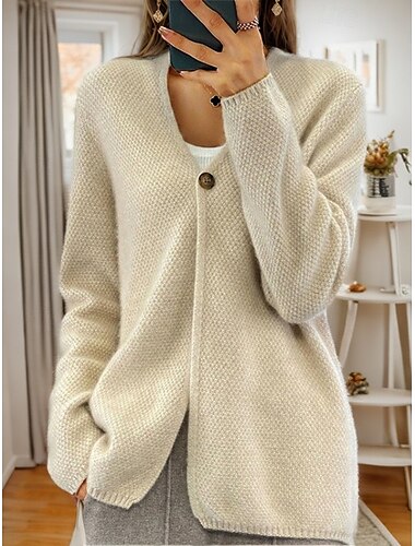  Suéter de mujer, cárdigan, chaqueta, cuello en V, tejido con botones, tejido de punto, primavera, otoño, hogar, uso diario, fin de semana, elegante, diario, suave, manga larga, color puro, beige camel
