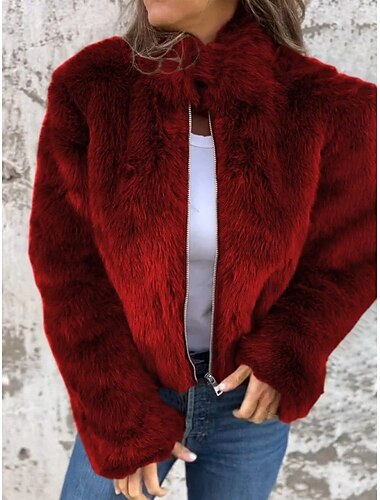  Damen Mantel aus Kunstpelz warm halten Atmungsaktiv Zip Brautkleider schlicht Glatt Urlaub Strasse Freizeitskleidung Ausgehen Reisverschluss Kurz Ständer Regular Fit Langarm Oberbekleidung Rote Braun