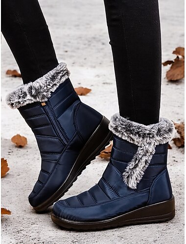  Botas de nieve de invierno para mujer en color azul marino con forro de piel sintética: botines cálidos, antideslizantes e impermeables