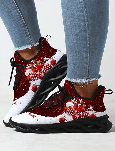  Women's Christmas-Themed Athletic Sneakers - Festive Red and White Design, Lightweight and Breathable, Perfect for Holiday Celebrations and Casual Wear