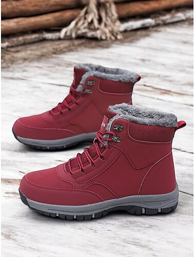  Botas de nieve de invierno impermeables para mujer: botines rojos con cordones y forro de piel sintética, suela antideslizante, perfectos para actividades al aire libre y clima frío