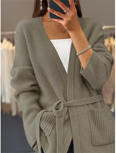  damski sweter kardigan sweter kurtka dekolt w serek dzianina sznurowana kieszeń dzianina opadające ramiona wiosna jesień dom codzienny weekend codzienny swobodny miękki długi rękaw czysty kolor camel