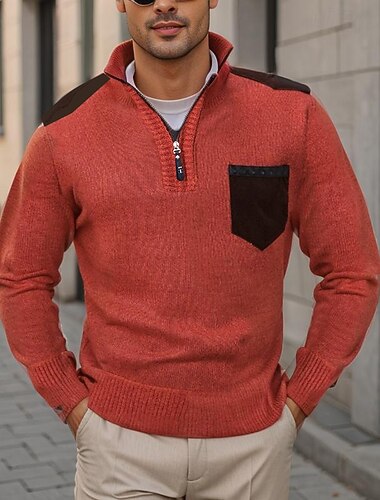  Homme Pull Chandail Grosse maille Tricoter Poche Demi-zip Couleur unie Mao Elégant Rétro Vintage Formel Intérieur Vêtement Tenue Bouffantes Automne Hiver Rouge bleu marine S M L