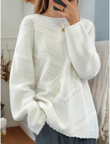  Damenpullover, Pullover, Rundhalsausschnitt, Strick, ausgehöhlt, Rundhalsausschnitt, gestrickt, überschnittene Schultern, Frühling, Herbst, Zuhause, Alltag, Urlaub, täglich, stilvoll, weich, lange