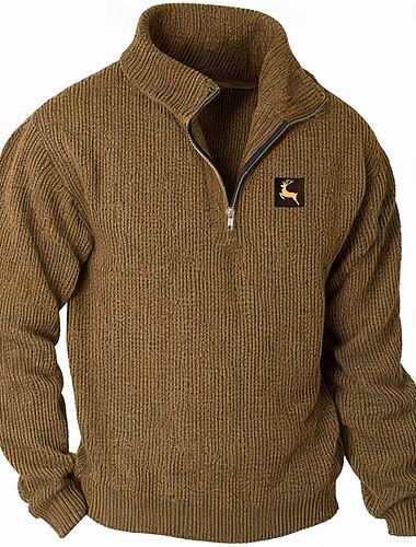  Hombre Reno Venados Suéter de punto Jersey con cremallera Suéter Polo Cuello con cremallera Retro Antiguo Casual Ropa de fiesta de noche Diario Bordado Tejido en Punto Cálido Manga Larga Otoño