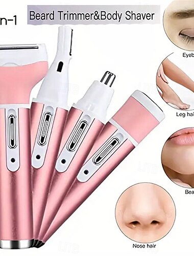 Kit di depilazione 4 in 1 per donna, rasoio elettrico ricaricabile tramite USB, tagliacapelli e tagliacapelli con accessori per sopracciglia e naso, bagnato e asciutto