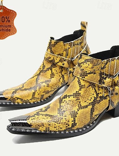  bottes de moto en cuir de serpent jaune pour hommes – bottines à bout pointu de style western avec sangles à boucle pour des déclarations de mode audacieuses