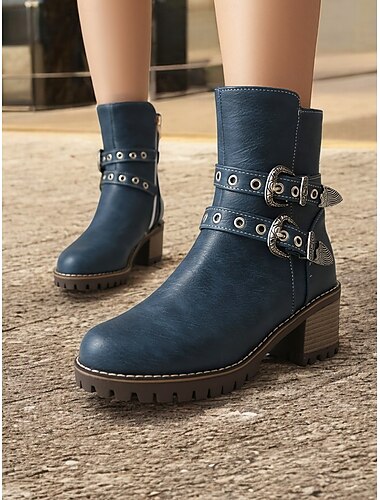  blaue Damenstiefeletten mit doppeltem Schnallenriemen und klobigem Absatz – Western-inspiriertes Design mit Metallnieten-Akzenten für einen lässigen und robusten Look