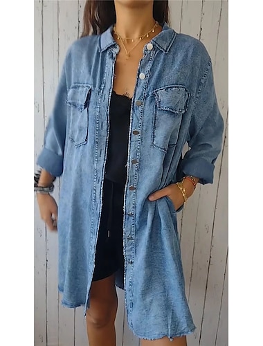  Damen Jeansjacke Outdoor Strasse Freizeitskleidung Herbst Winter Lang Mantel Regular Fit warm Atmungsaktiv Stilvoll Brautkleider schlicht Jacken Langarm Feste Farbe Mit Taschen Hellblau Marinenblau