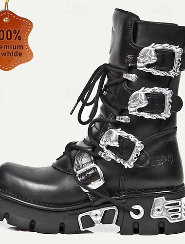  bottes de combat steampunk gothiques noires pour hommes avec accents de boucle de crâne - cuir de vachette de qualité supérieure pour le cosplay et le style motard