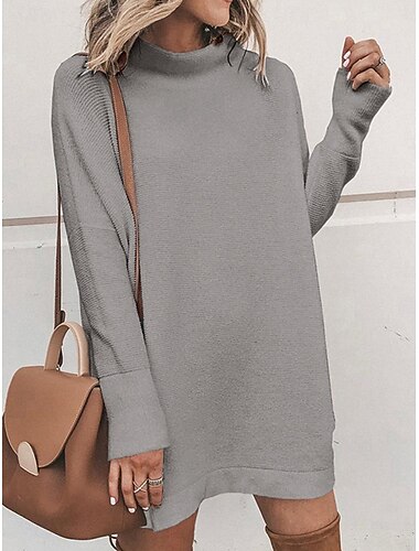  Damen Pullover Kleid Brautkleider schlicht Weich Einfarbig Gerippt Rollkragen Strick Langarm Lange Oberteile Stricken Outdoor Täglich Wochenende Schwarz Weiß Herbst Winter