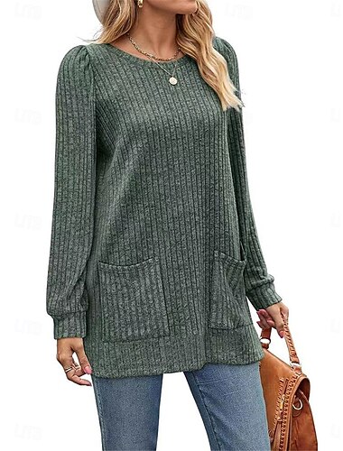 Damen T Shirt Glatt Modisch Modern Brautkleider schlicht Langarm Rundhalsausschnitt Normale Oberteile Täglich Wochenende Tasche Armeegrün Braun Grau Herbst Winter