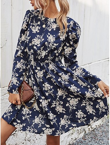  Damen Maxidress Casual kleid Schaukelkleid A Linie Kleid Brautkleider schlicht Täglich Regular Fit Blumen Langarm Rundhalsausschnitt Gelb Wein Königliches Blau Frühling Herbst