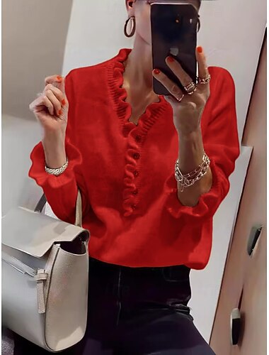 Damen Pullover Elegant Täglich Feste Farbe V Ausschnitt Rüsche Langarm Normale Oberteile Stricken Arbeit Weiß Rote Herbst Winter
