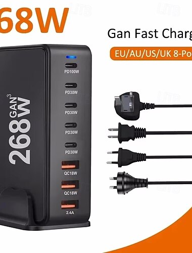  Ładowarka stacjonarna 268 W, 8-portowa ładowarka USB typu C, szybka ładowarka PD, 3.0, szybka ładowarka USB typu C, mobilna ładowarka USB