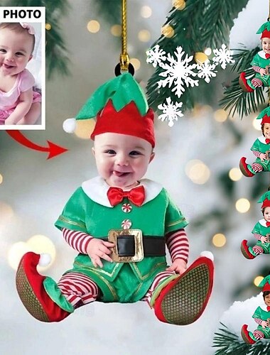  5 Packs Gepersonaliseerde Foto Kerst Ornamenten Acryl 2D Custom Elf Baby Gezicht Kerstboom Ornamenten Xmas Decoratie Hangende Hanger Geschenken