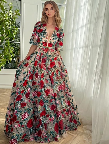  floral rose κεντημένα σε γραμμή φορέματα χορού κομψό επίσημο φόρεμα κοντό μανίκι v ζώνη λαιμόκοψη / φύλλο τούλι με floral print 2025