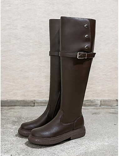  Schwarze kniehohe Damenstiefel mit extra weiter Schafthöhe, Schnallenriemen und seitlichem Reißverschluss – bequeme Passform für Alltags- und Freizeitoutfits